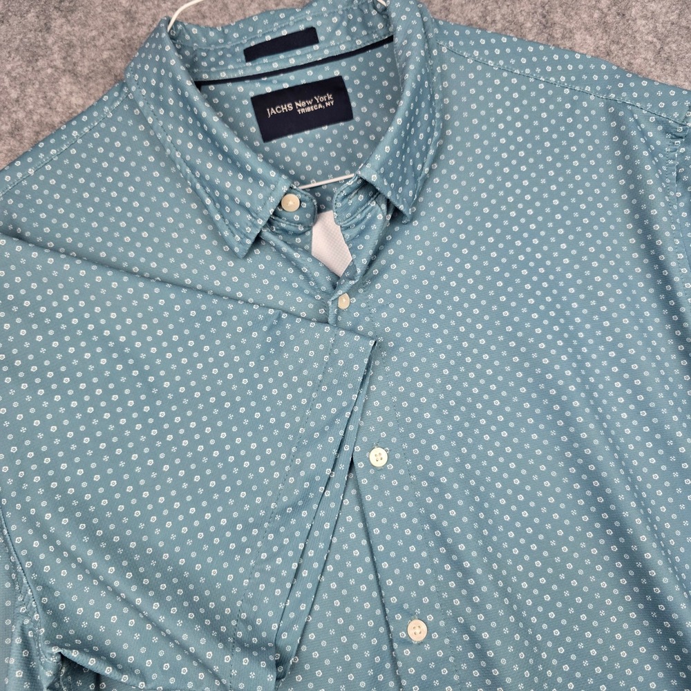 JACHS New York Shirt Mens XXL Teal Blue Short Sleeve Geometric Print Stretch